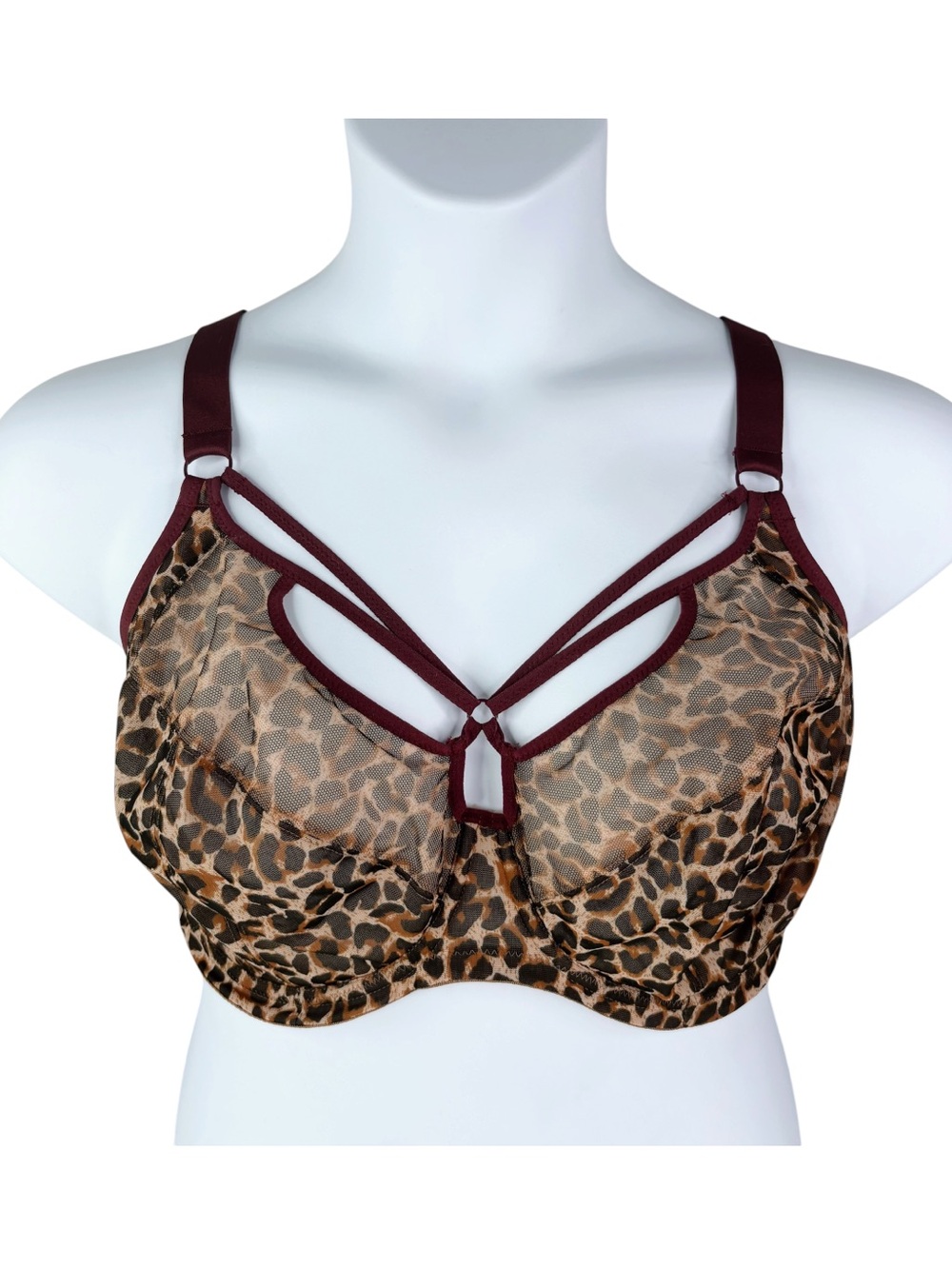 Elomi Sachi Plunge Bra sz 42G * Strappy Cage Bra Leopard Print Maroon Dark Red